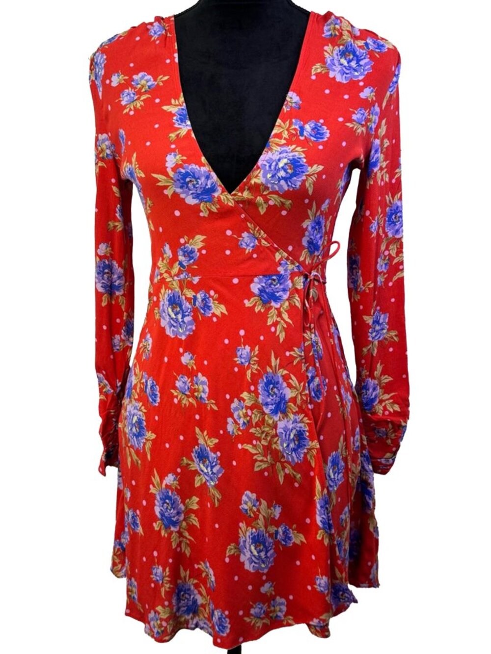 Zara XS Red Blue Floral Wrap Mini Dress V Neck Long Sleeve Boho Romantic Chic